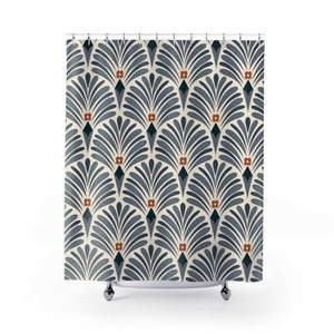 Art deco, vintage boho douchegordijn | Grijs, marineblauw, ivoor, roest Floral Art Nouveau | Minimalistische moderne badkamer, woondecoratie appartement