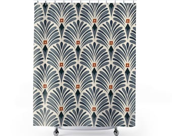 Art Deco, Vintage Boho Shower Curtain | Grey, Navy Blue, Ivory, Rust Floral Art Nouveau | Minimalist Modern Bathroom, Apartment Home Decor