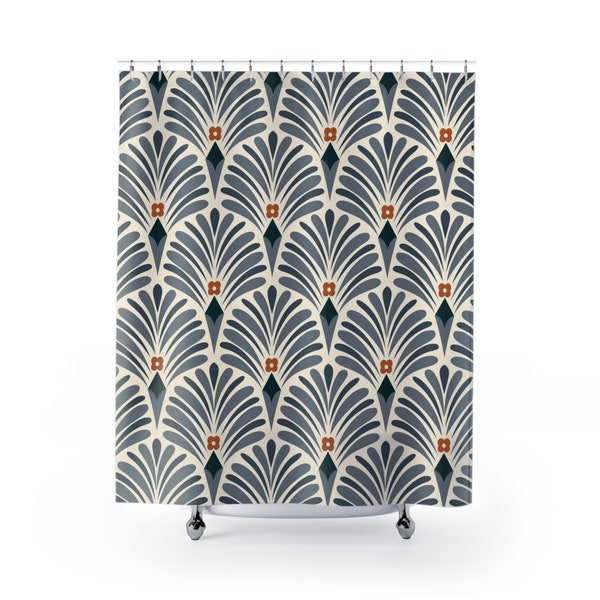 Art Deco, Vintage Boho Shower Curtain | Grey, Navy Blue, Ivory, Rust Floral Art Nouveau | Minimalist Modern Bathroom, Apartment Home Decor