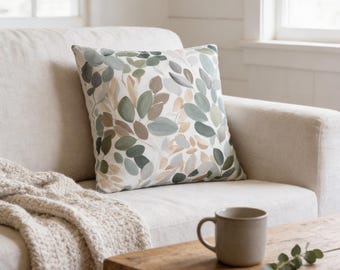 Abstract Floral Throw Pillow Cover, Muted Sage Green, Taupe Blue White Beige Grey, Farmhouse Watercolor Pillowcase, Living Room Bedroom