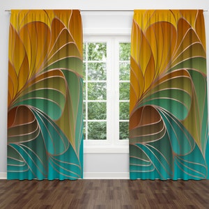 Art Nouveau Window Curtains: Yellow, Green, Turquoise, Beige Lines (50&quot;x84&quot;)
