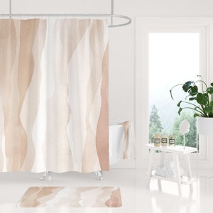 Boho Shower curtain and bohemian bath mat, pastel earth tones, blush beige abstract art bathroom set, modern art bathroom decor