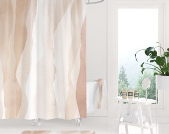 Boho Shower curtain and bohemian bath mat, pastel earth tones, blush beige abstract art bathroom set, modern art bathroom decor
