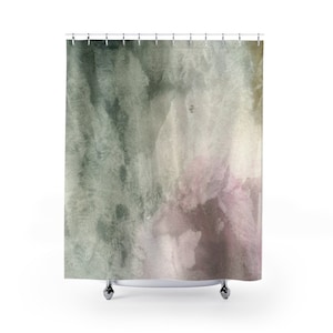 Boho douchegordijn, stoffige saliegroen, lavendel en violet shibori, aquarel ombre, moderne abstracte kunst, decor huis badkamer