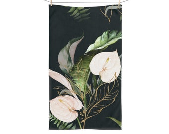 Boho Hand Towel | Jungle Anthurium Floral, Black Green Pink Floral | Watercolor Stylish | Kitchen Bathroom, Spa, Workout Towel