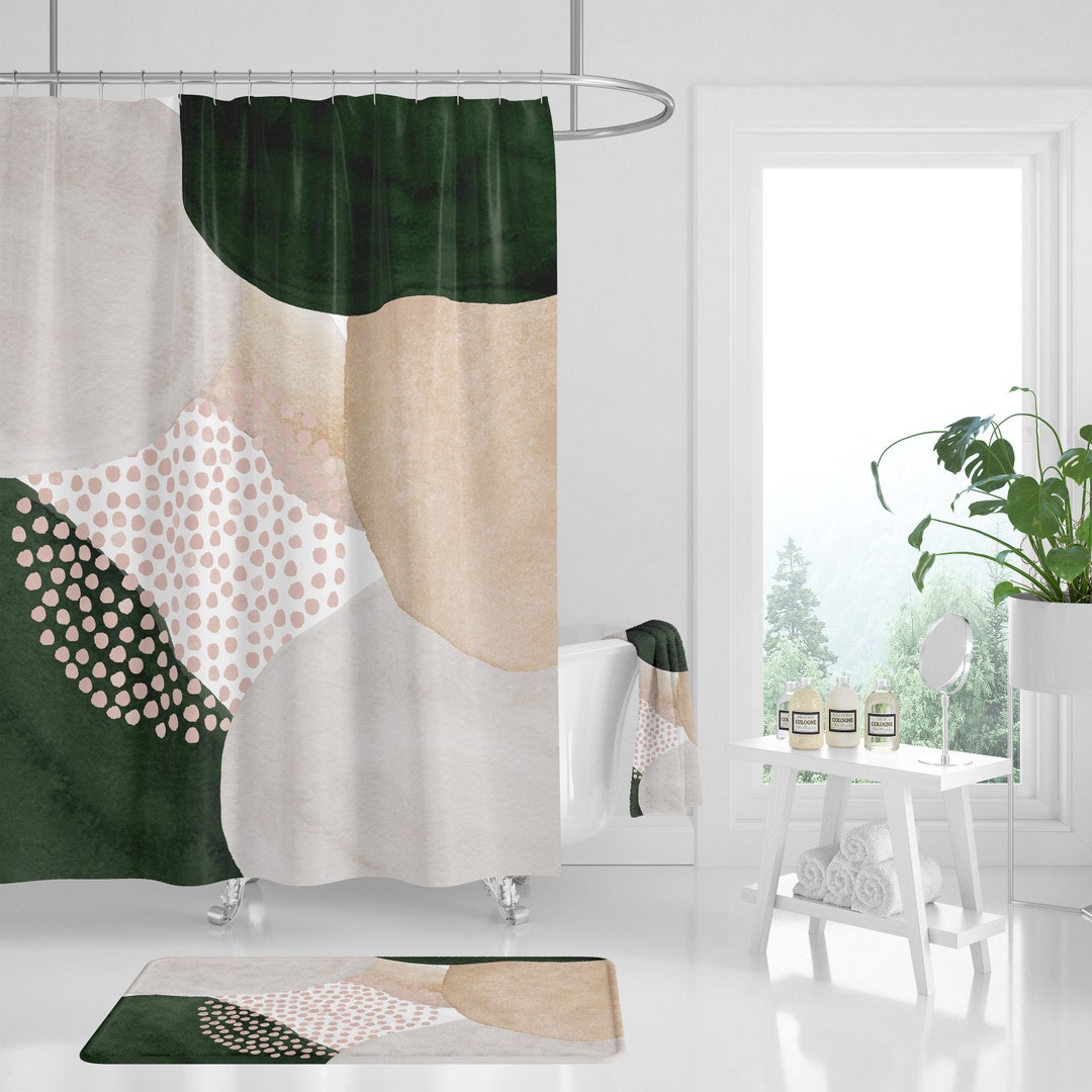 Boho Shower Curtain, Bath Mat, Towel, Abstract Dark Green Beige Cream ...