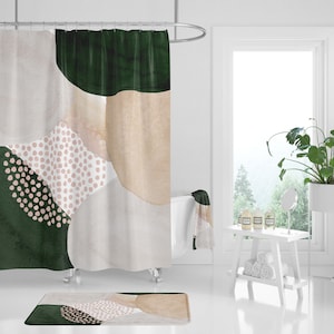 Boho Shower Curtain, Bath Mat, Towel, Abstract Dark Green Beige Cream bathroom set, Watercolor Minimalist modern art, Bath, Hand Towel