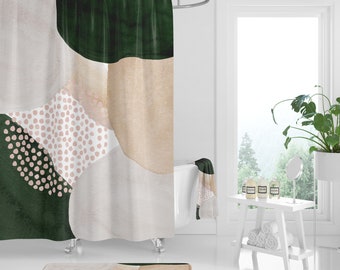 Boho Shower Curtain, Bath Mat, Towel, Abstract Dark Green Beige Cream bathroom set, Watercolor Minimalist modern art, Bath, Hand Towel