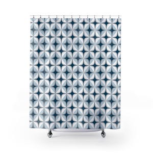 Stoffen boho douchegordijn | Art deco, halverwege de eeuw, geometrisch marineblauw hemelsblauw, wit minimalistisch, badkameraccessoires