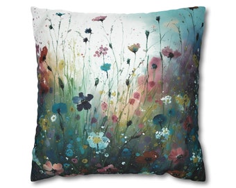 Wildflowers Couch Throw Pillow Cover | Teal Blue, Mauve Red Floral | Accent Decorative Cushion Polyester, Faux Suede Square Pillowcase