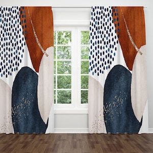 Abstract Art Window Curtains, Navy Blue, Rust, Copper Gold,  Watercolor Bedroom Living Room,  50x84” Single Double Panels Treatments  RnB