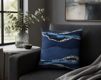 Abstract Pillow Cover, Navy Blue Black, Marble Agate Quartz, Fancy Elegant, Modern Pillowcase Watercolor, Decorative Couch Accent Pillow