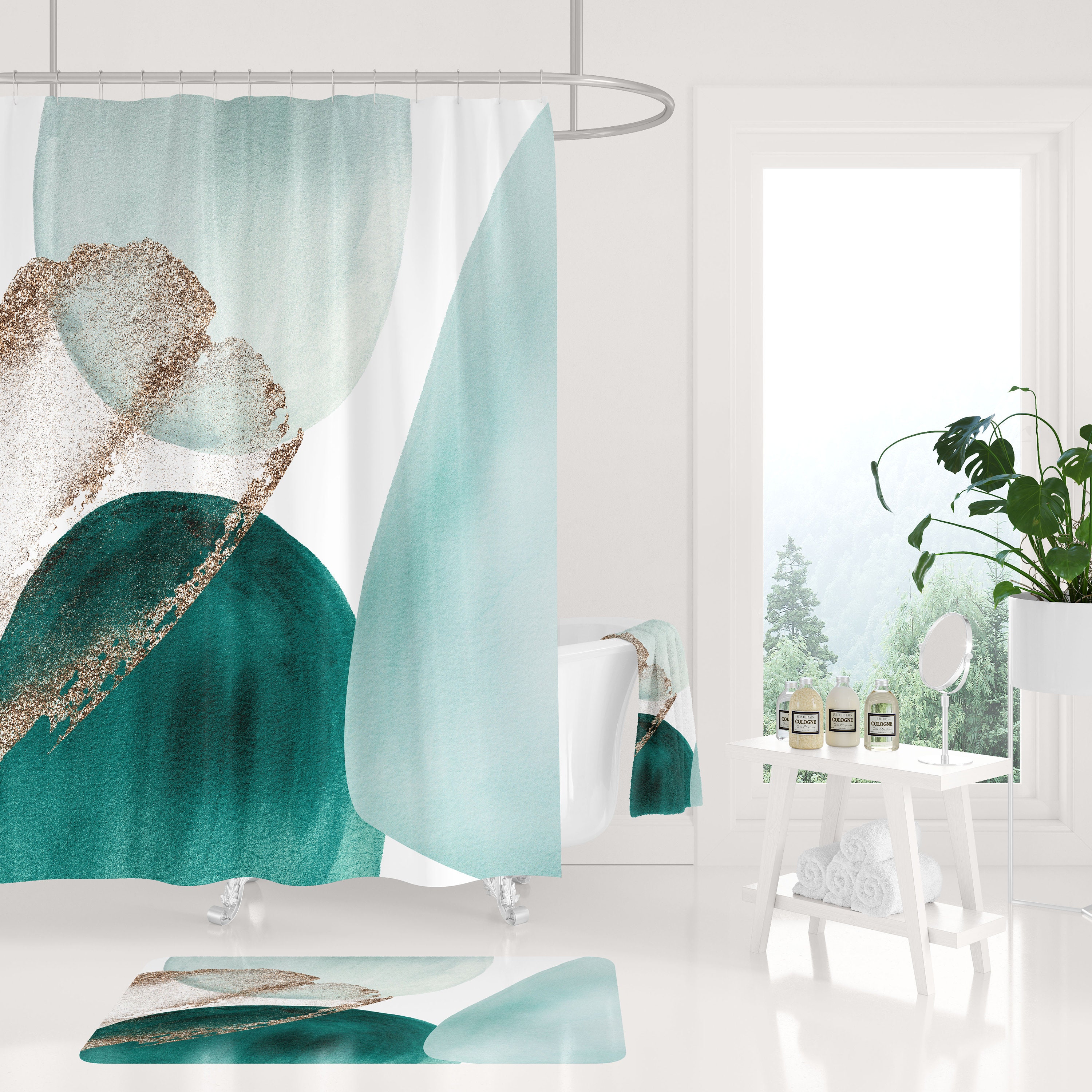 Sage Green and White Abstract Geometric Shower Curtain Bathroom Accessories  Set