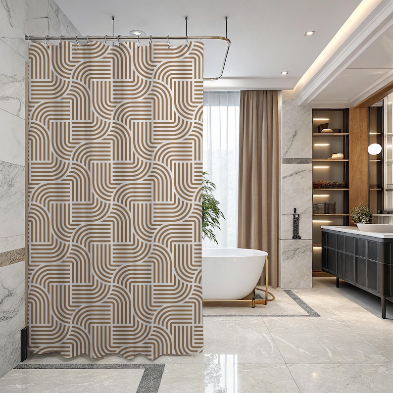 Abstract Art Deco Shower Curtain | Fabric Shower Curtain, Tan Beige White Geometric image 3