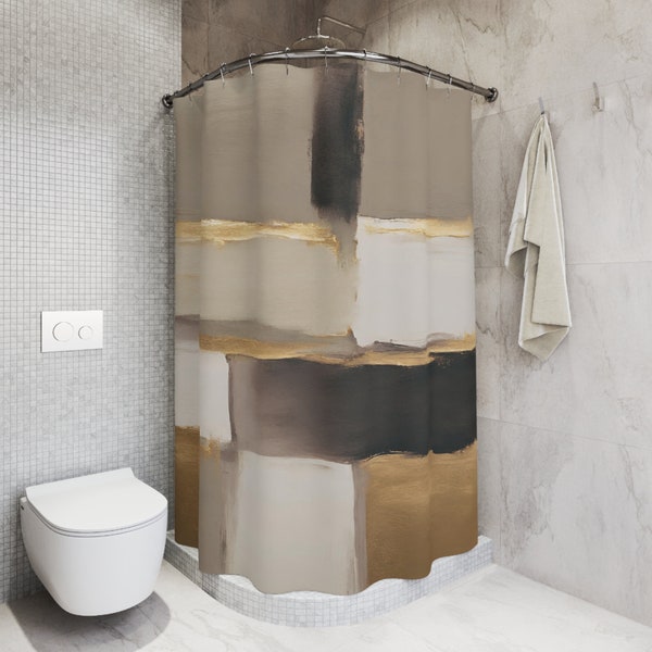 Fabric Boho Shower Curtain | Abstract, Earthy Neutral Brown Beige, Muted Gold Bath Curtain | Color Blocks Modern Decor, Bathroom Curtain
