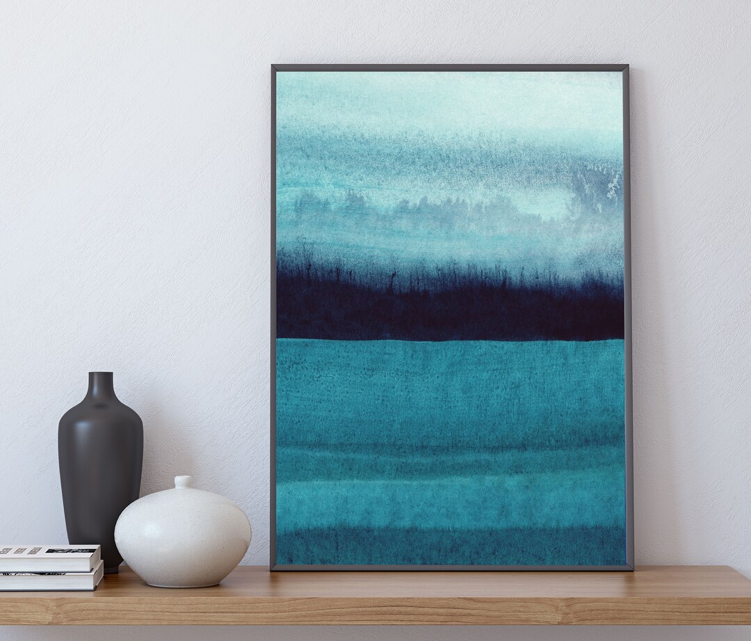 Wall Decor Art Prints, Abstract Painting, Sky Navy Teal Blue, Minimalist, Luxury Inspired ...