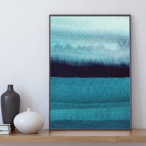 Wall Decor Art Prints, Abstract Painting, Sky Navy Teal Blue,  Minimalist, Luxury Inspired Watercolor, Horizontal, Vertical Wall Art