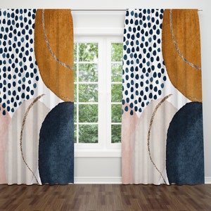 Boho Chic Window Curtains, Abstract Art Navy Blue, Rust, Bronze, Blush Ivory Pink, And Gold Watercolor, Colorful 50&quot;X84”, Window Treatments