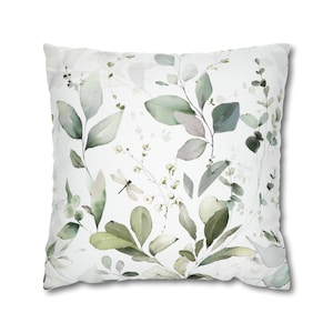 Boho Floral Throw Pillow Cover | Eucalyptus, White Sage Green, Watercolor | Modern Minimalist | Square,  Couch Accent Pillow Set