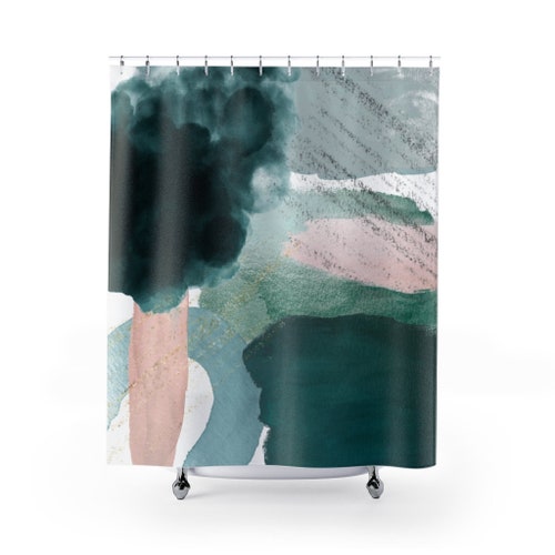 Boho Shower Curtain Forest Emerald Green Beige Abstract Etsy