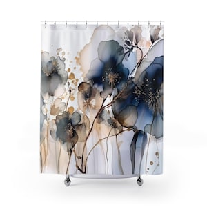 Boho Duschvorhang | Abstraktes Florales Marineblau, Beige Ombre, flüssige Tinte | Stilvolles Aquarell Minimalist Bild 3
