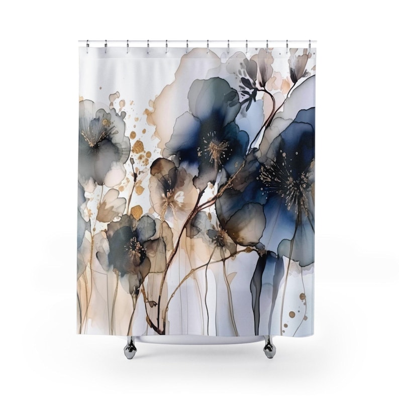 Boho Duschvorhang | Abstraktes Florales Marineblau, Beige Ombre, flüssige Tinte | Stilvolles Aquarell Minimalist Bild 3