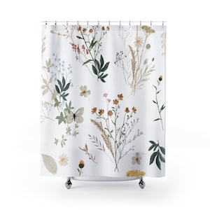 Blumen Duschvorhang, Beige Grün Wildblumen, Garten Botanicals, Bauernhaus | Landhaus Wohnkultur, wasserfest, modernes Badezimmer Dekor