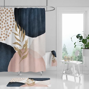 Boho Shower Curtain, Bath Mat, Towel, Abstract Blush Pink White, Navy Blue, Floral bathroom set, Watercolor Minimalist Bath, Hand Towel