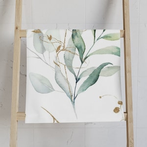 Boho Hand Towel, Eucalyptus Leaves, Green Beige Watercolor, Floral Botanical, Simple Minimalist, Farmhouse Decor, Kitchen Bathroom, Spa, Gym