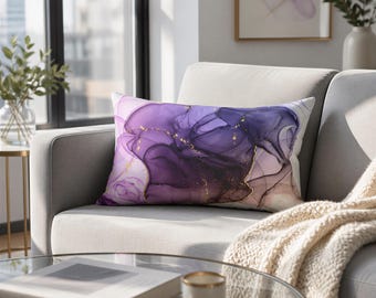 Abstract, Throw Lumbar Pillow, Lavender Lilac, Violet Ombre, Watercolor Marble Print, Fancy Stylish, Apartment, Home Office Decor, Accent
