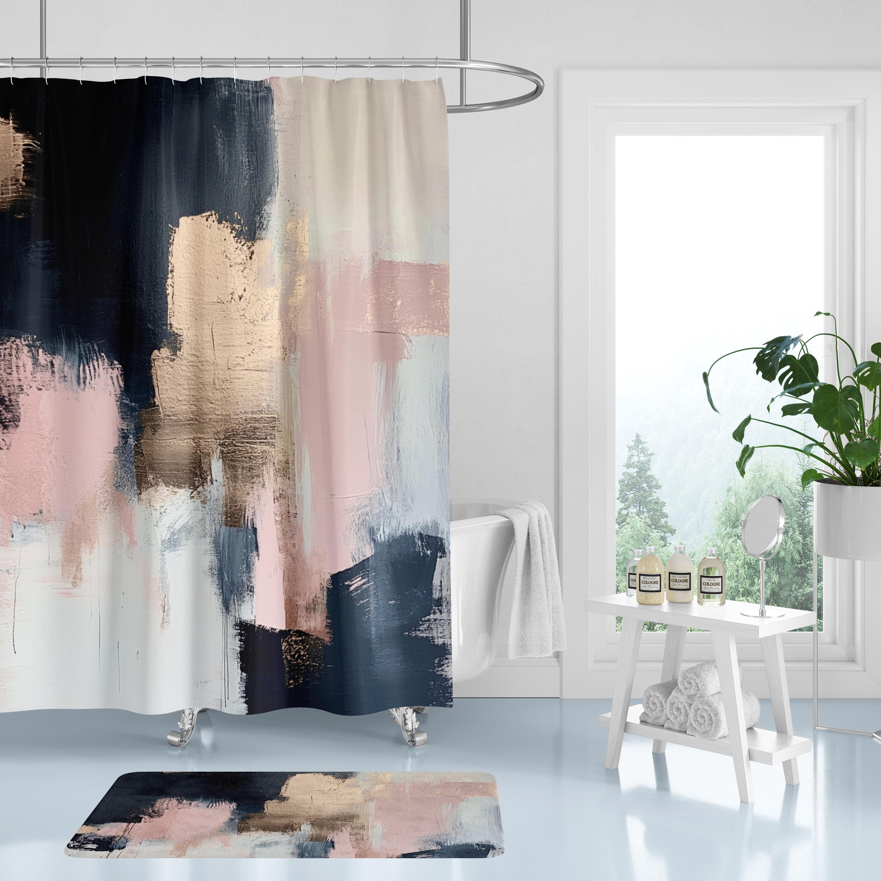 Abstract Shower Curtain Set; Grey Blush Pink, Muted Gold Beige, Watercolor Bathroom Set