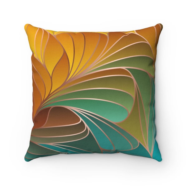 Abstract, Art Nouveau,Throw Pillow Cover, Teal Green, Beige Yellow Bronze, Bohemian Decorative, Accent Pillow