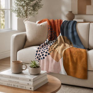 Cozy Comfy Boho Blankets, Navy, Rust, Burnt Orange, Watercolor, Modern Abstract Art, Living Room, Bedroom, Home Office Throw Blanket RnB