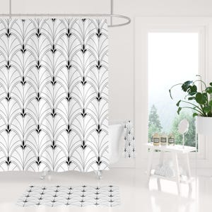 White Shower Curtain, Bathroom Set, Black White Art Deco, Minimalist, Water Resistant, Fancy Luxury Bath Curtain, Kitchen Rug Hand Towel Set