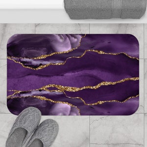 bohemian bath mat and rug, Violet Lavender, Purple and beige Agate Quartz, Marble Fancy Luxury in Watercolor Print Bathroom Decor Set
