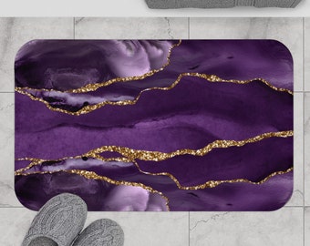 bohemian bath mat and rug, Violet Lavender, Purple and beige Agate Quartz, Marble Fancy Luxury in Watercolor Print Bathroom Decor Set