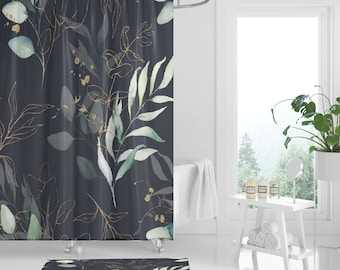 Boho Shower curtain and bath mat, Floral Botanical Farmhouse Decor Eucalyptus bathroom set, black green and Beige  watercolor bathroom decor