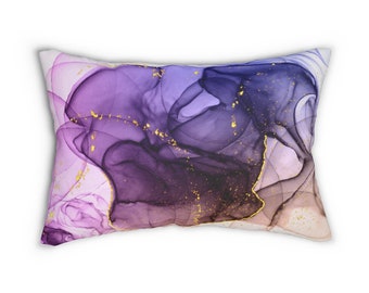 Abstract, Throw Lumbar Pillow, Lavender Lilac, Violet Ombre, Watercolor Marble Print, Fancy Stylish, Apartment, Home Office Decor, Accent
