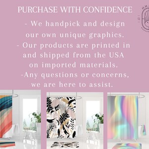 Puede incluir: Tres cortinas de ducha diferentes mostradas en un ambiente de ba&ntilde;o. La primera cortina de ducha es un dise&ntilde;o abstracto colorido con un esquema de colores arco&iacute;ris. La segunda cortina de ducha presenta un patr&oacute;n floral en blanco y negro. La tercera cortina de ducha es un dise&ntilde;o degradado con un esquema de colores arco&iacute;ris. El texto "PURCHASE WITH CONFIDENCE" se muestra en la parte superior de la imagen. El texto "We handpick and design our own unique graphics. Our products are printed in and shipped from the USA on imported materials. Any questions or concerns, we are here to assist." se muestra debajo de la imagen. El texto "OHANA MODERN DECOR" se muestra en un c&iacute;rculo en la esquina superior derecha de la imagen.