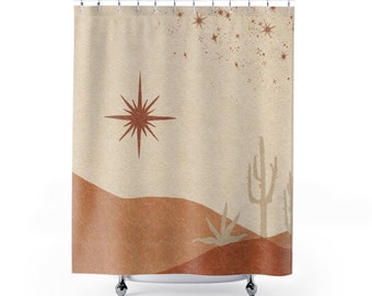 Boho Shower Curtain, Mystic Celestial, Southwestern Hills, Bohemian, Cactus, Brown Beige, Sun, Hippie Nature, Tarot, Bathroom Set