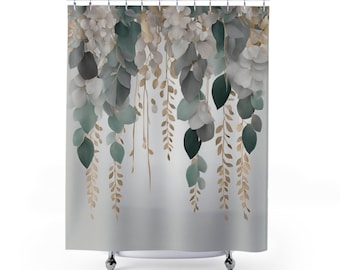 Boho Shower Curtain | Eucalyptus Floral Fabric Shower Curtain | Tropical Grey, Sage Green, Muted Gold Beige | Botanical Leaves Bath Curtain