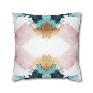 Abstract  Pillow Cover | Colorful Blush Pink, White Teal Blue Muted Gold Watercolor Aesthetic Stylish Pillowcase Decorative Couch Accent