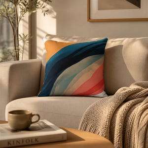 Throw Pillow Cover, Navy Beige Orange, Rainbow Earth Tones Watercolor Square, Decorative Pillowcase