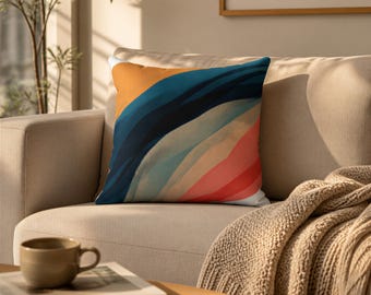 Throw Pillow Cover, Navy Beige Orange, Rainbow Earth Tones Watercolor Square, Decorative Pillowcase
