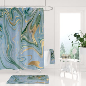 Abstrakter Stoff Boho Duschvorhang, Blau Grün Beige, bunter Marmor Achat Druck, Minimalist Fancy Elegant, Boho Badvorhang