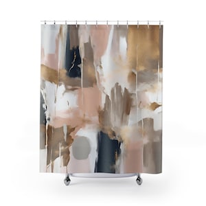 Tenda da doccia Boho Abstract / Beige talpa, Rosa cipria, Bianco / Minimalista colorato, Arte moderna, Decorazione per il bagno in acquerello
