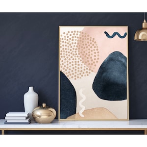 Abstract Art Wall Decor, Matte Poster, Navy Dusty Blush Pink, Beige Gold, Modern Art Decor, Bedroom Wall Art