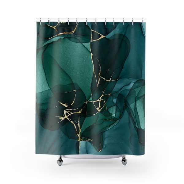 Abstract Boho Shower Curtain Set, Bath Mat, Hand, Bath Towel | Navy Green Teal Ombre, Liquid Watercolor Ink | Minimalist Bathroom Decor