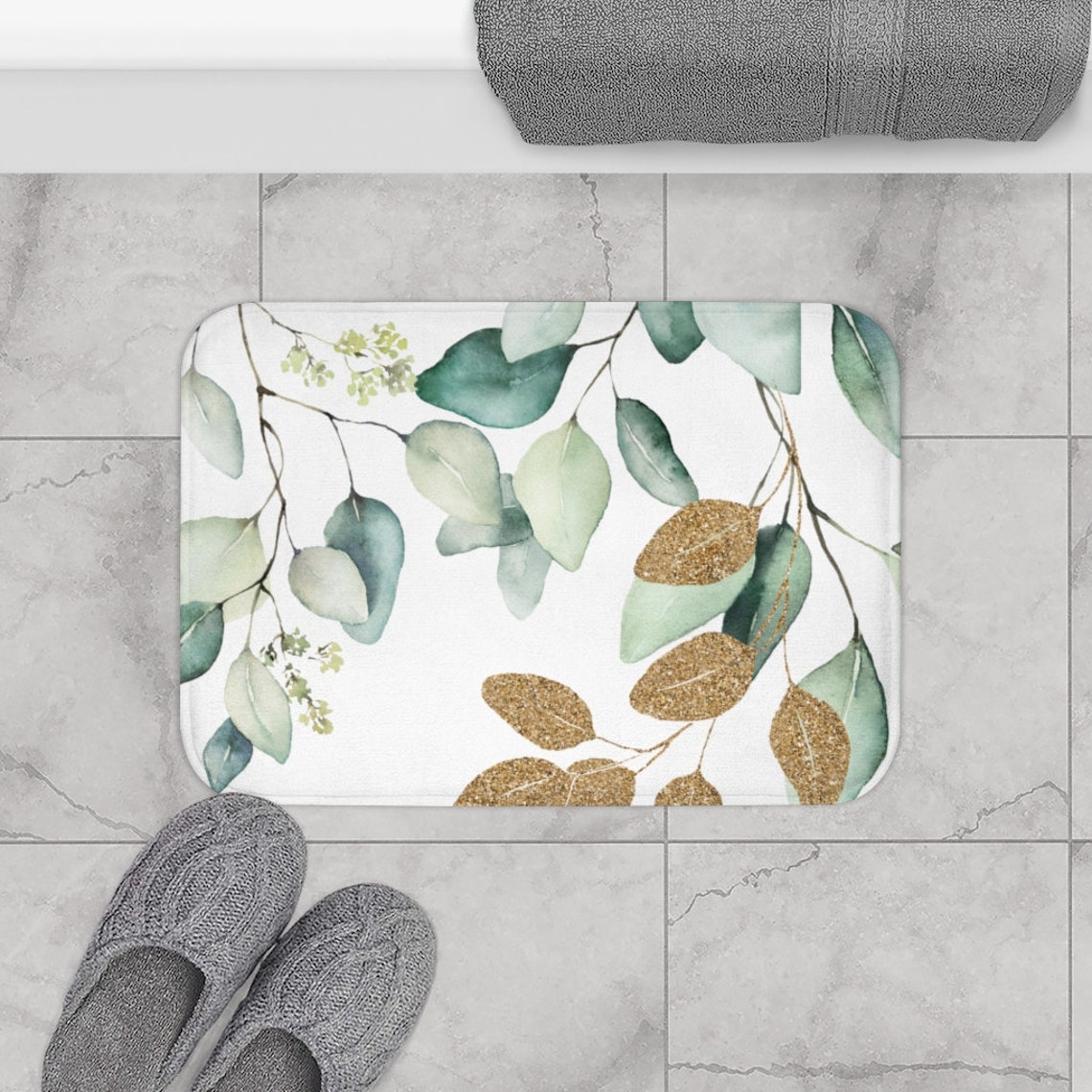 Boho Floral Bath Mat Eucalyptus Botanical Bath Rug With Etsy