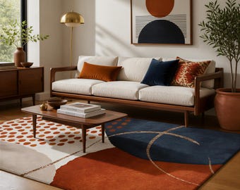 Boho Watercolor Area Rug | Navy Blue, Rust, Beige Abstract Art (100% Polyester Chenille)